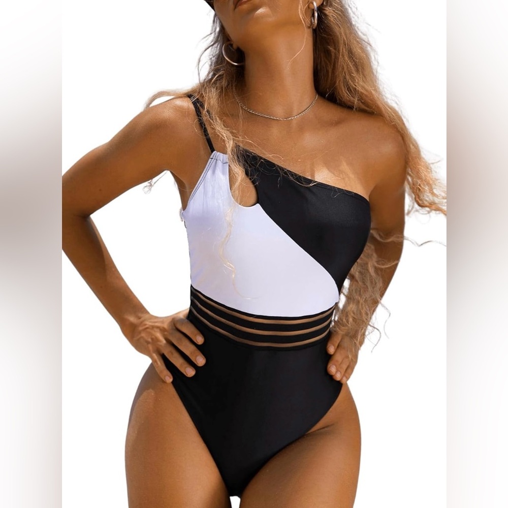 Women's One Piece Swimsuit Color Block Contrast Mesh One Shoulder Monokini